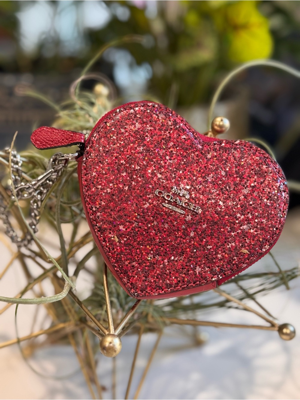 Coach Red Glitter Heart Coin Pouch with Chain